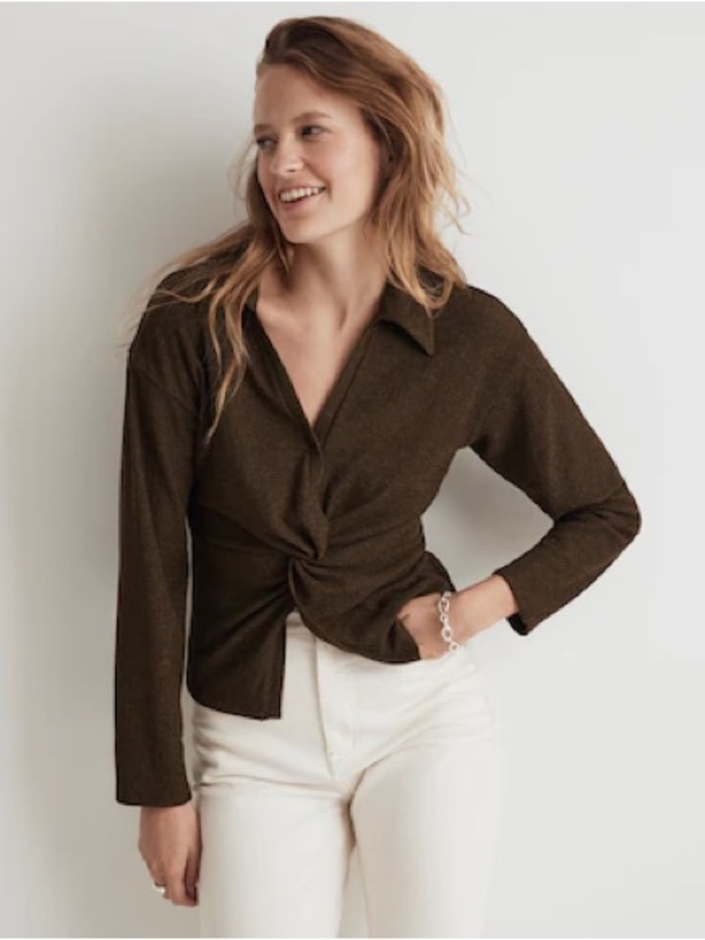 Madewell Twist-Front Long-Sleeve Top in
Dark Olive
